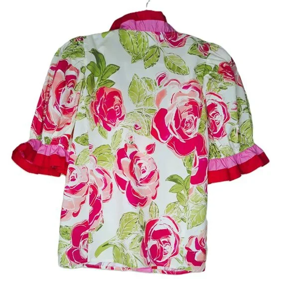 Entro Colorful Floral Ruffle Puff Sleeve Top M Boho Coquette - Picture 4 of 7